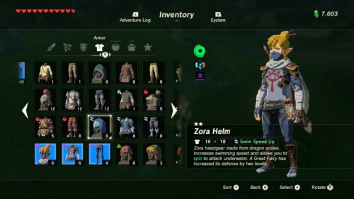 Armor screenshot of The Legend of Zelda: Breath of the Wild video game interface.