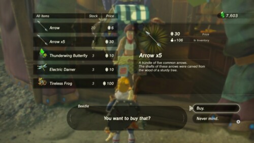 Buy items screenshot of The Legend of Zelda: Breath of the Wild video game interface.