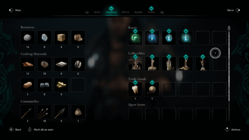 Resources screenshot of Assassin’s Creed Valhalla video game interface.