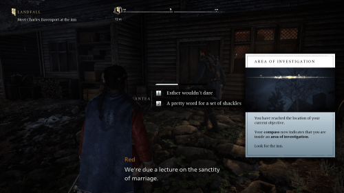 Dialogue screenshot of Banishers: Ghosts of New Eden video game interface.