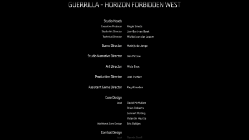 Credits screenshot of Horizon Forbidden West video game interface.