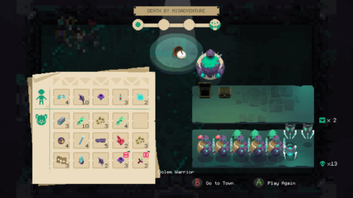 Death by misadventure screenshot of Moonlighter video game interface.