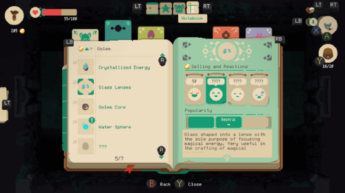 Notebook screenshot of Moonlighter video game interface.